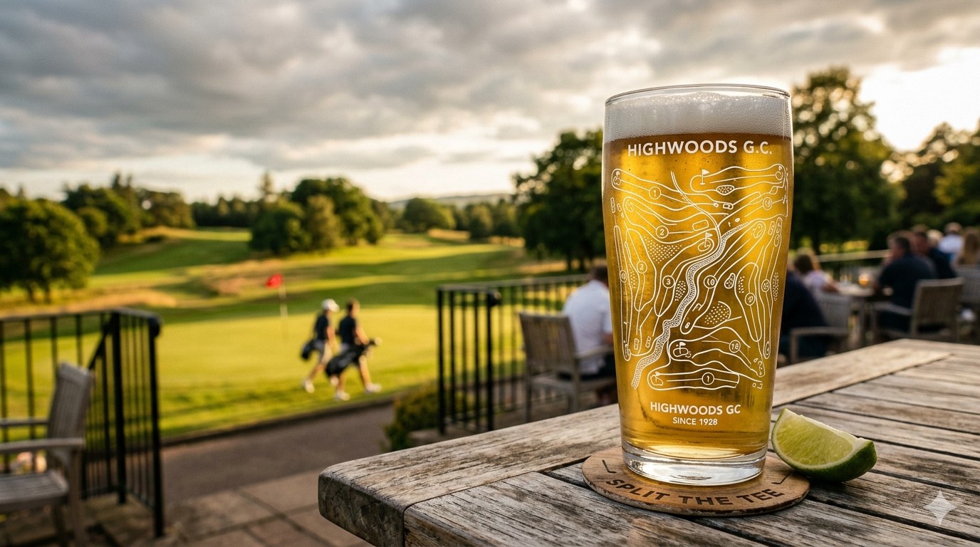 Engraved Split the Tee pint glass on a wooden table overlooking a golf course