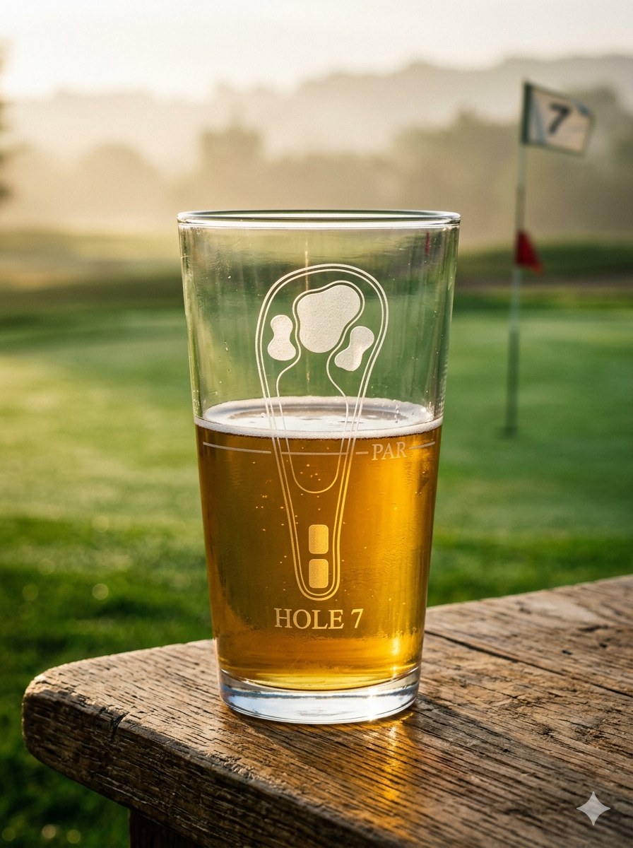 Pint glass etched with a single golf hole layout, half full of beer on a wooden table at sunrise